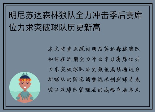 明尼苏达森林狼队全力冲击季后赛席位力求突破球队历史新高