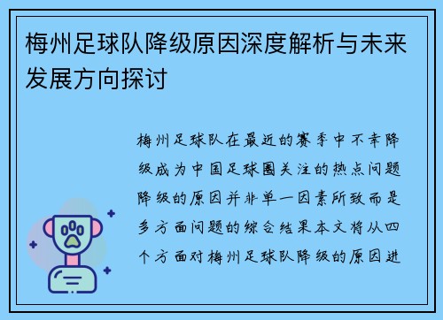 梅州足球队降级原因深度解析与未来发展方向探讨
